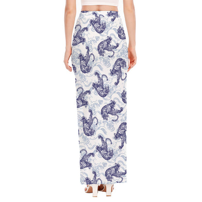 Japanese White Tiger Pattern Print High Slit Maxi Skirt