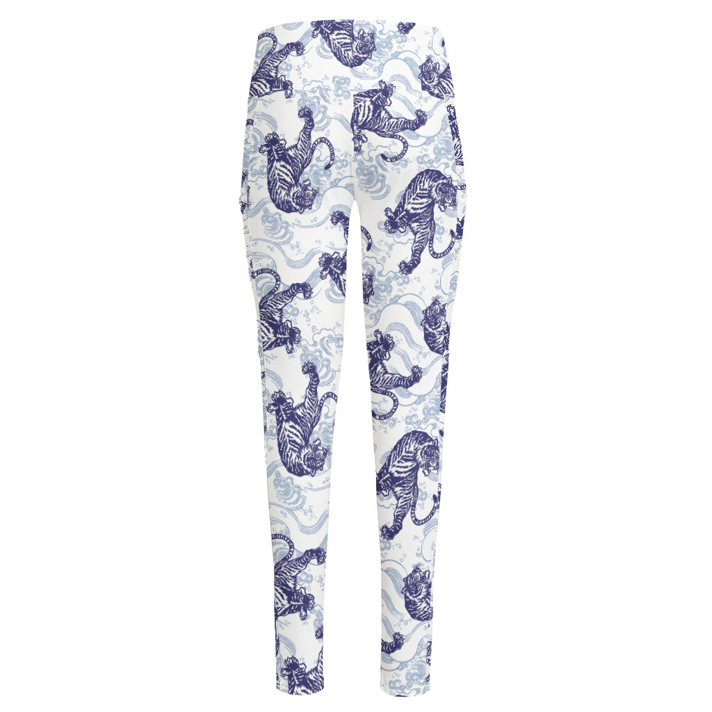 Japanese White Tiger Pattern Print High-Waisted Pocket Leggings