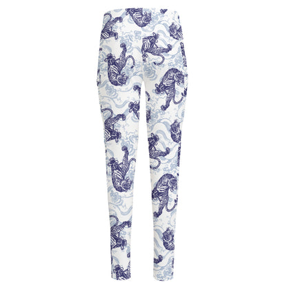 Japanese White Tiger Pattern Print High-Waisted Pocket Leggings
