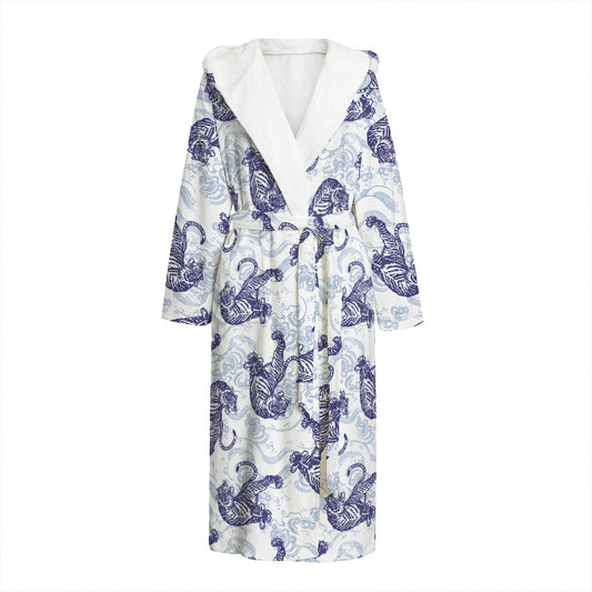 Japanese White Tiger Pattern Print Hooded Bathrobe