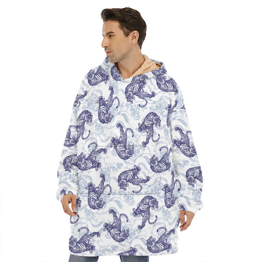 Japanese White Tiger Pattern Print Hoodie Blanket