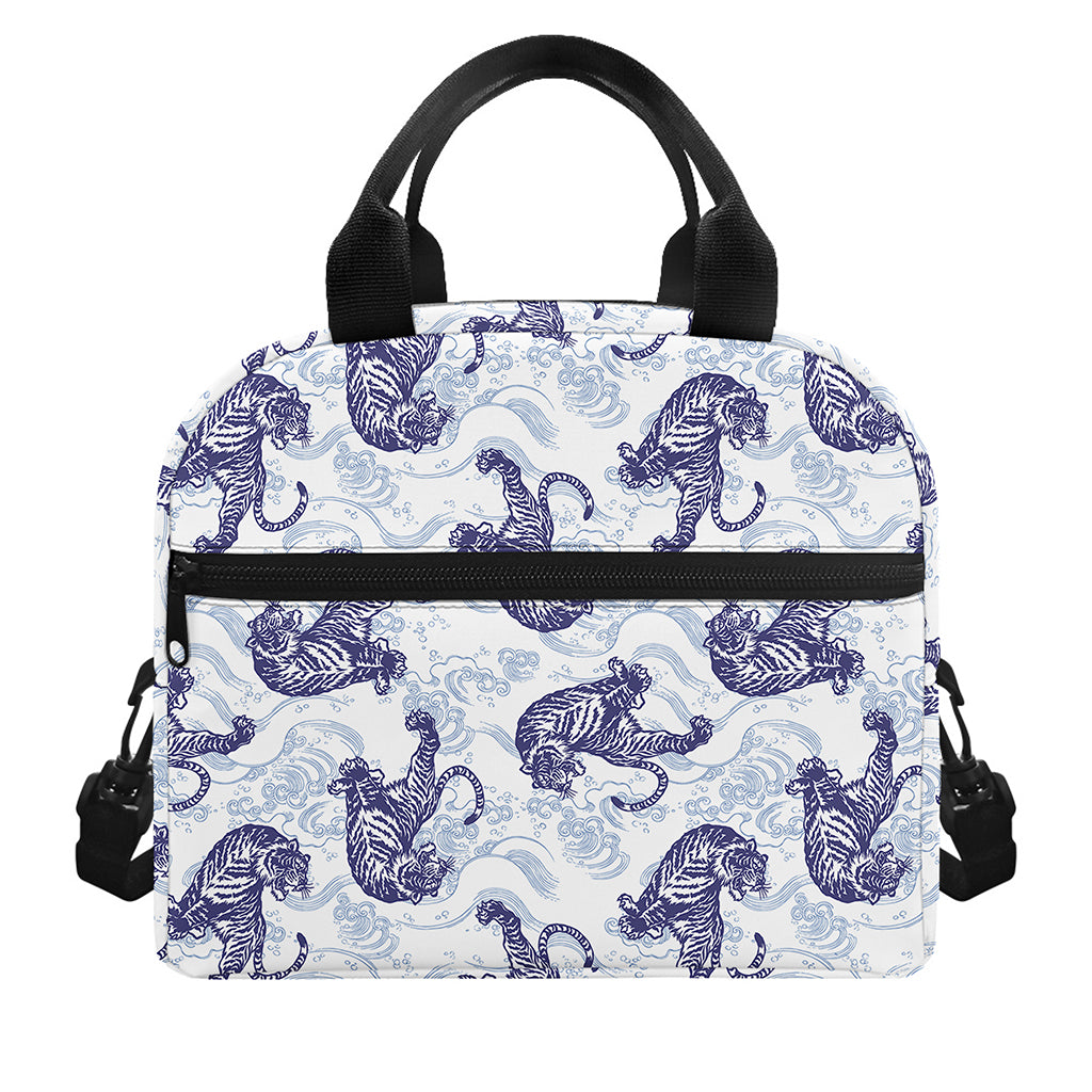 Japanese White Tiger Pattern Print Insulated Lunch Bag