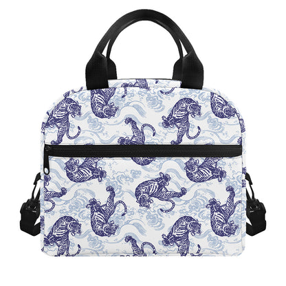 Japanese White Tiger Pattern Print Insulated Lunch Bag