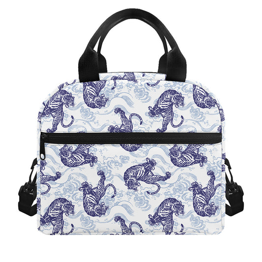 Japanese White Tiger Pattern Print Insulated Lunch Bag