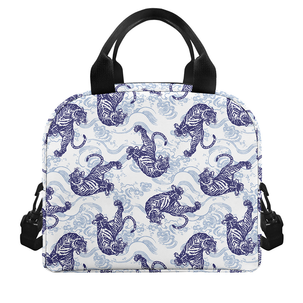 Japanese White Tiger Pattern Print Insulated Lunch Bag