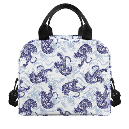 Japanese White Tiger Pattern Print Insulated Lunch Bag