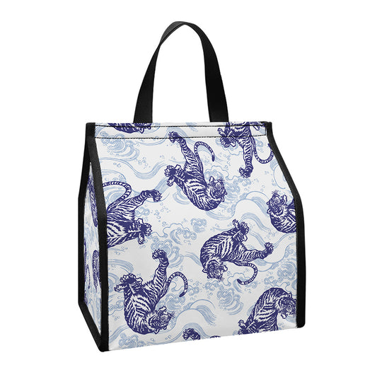 Japanese White Tiger Pattern Print Insulated Lunch Tote