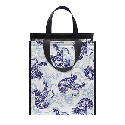 Japanese White Tiger Pattern Print Insulated Lunch Tote