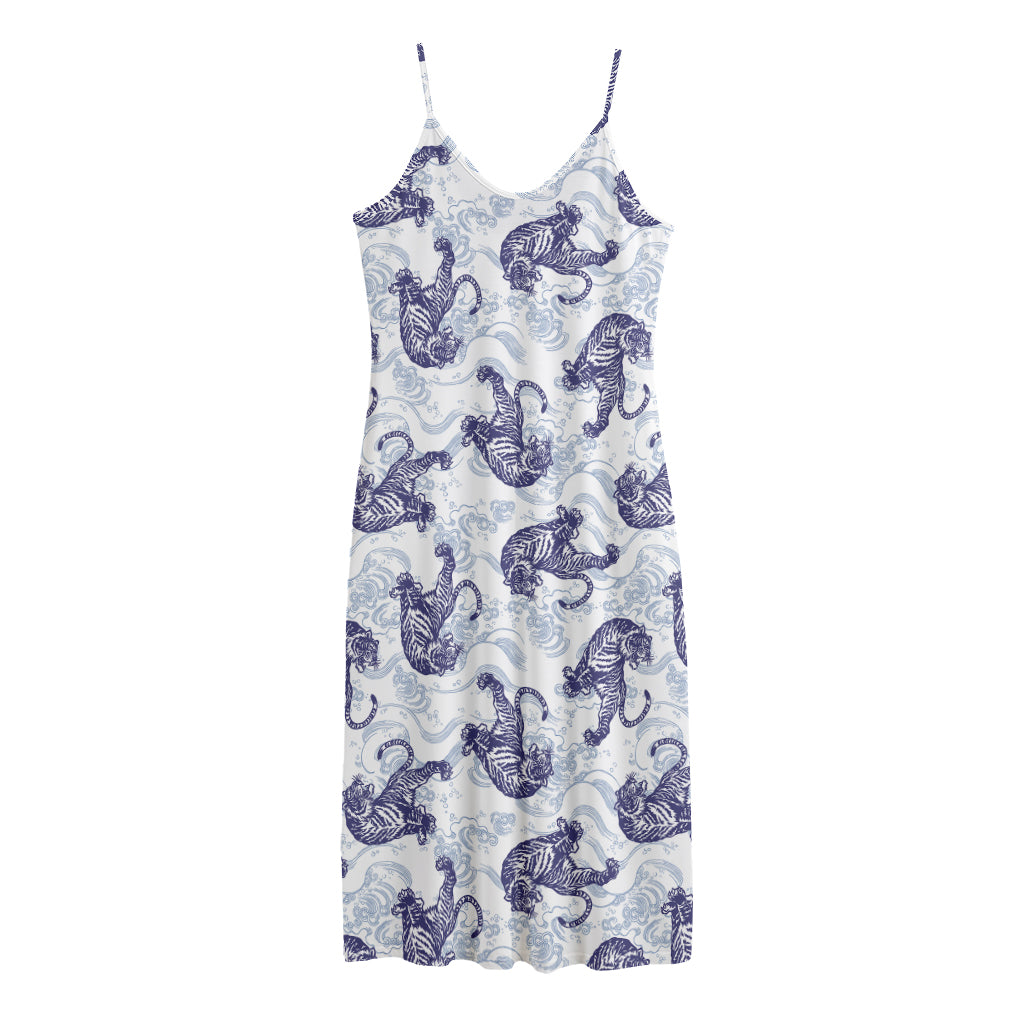 Japanese White Tiger Pattern Print Jersey Midi Cami Dress