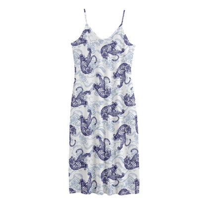Japanese White Tiger Pattern Print Jersey Midi Cami Dress