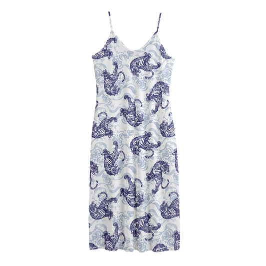 Japanese White Tiger Pattern Print Jersey Midi Cami Dress