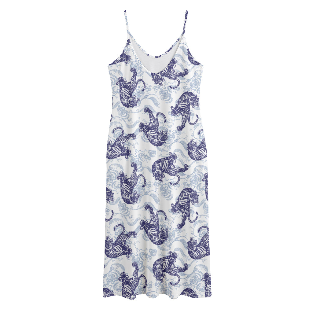 Japanese White Tiger Pattern Print Jersey Midi Cami Dress