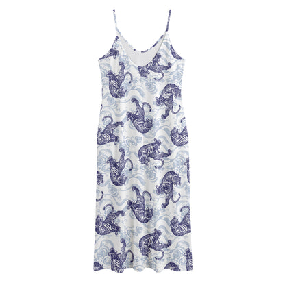 Japanese White Tiger Pattern Print Jersey Midi Cami Dress