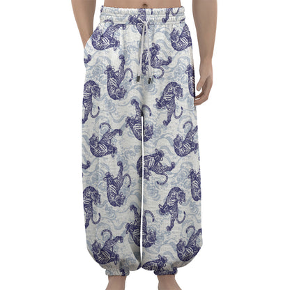 Japanese White Tiger Pattern Print Lantern Pants