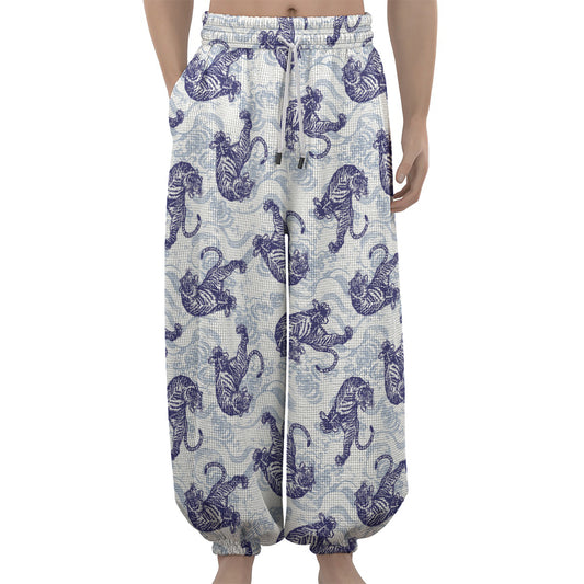 Japanese White Tiger Pattern Print Lantern Pants