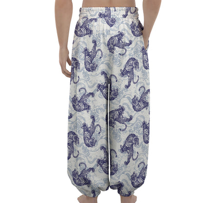 Japanese White Tiger Pattern Print Lantern Pants
