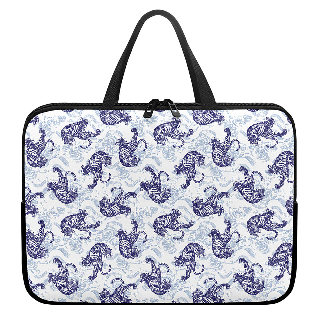 Japanese White Tiger Pattern Print Laptop Sleeve With Handle