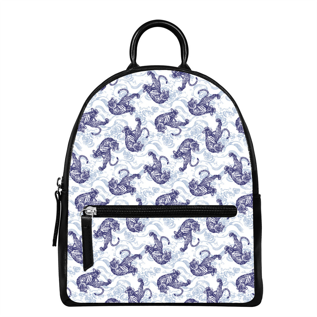 Japanese White Tiger Pattern Print Leather Backpack
