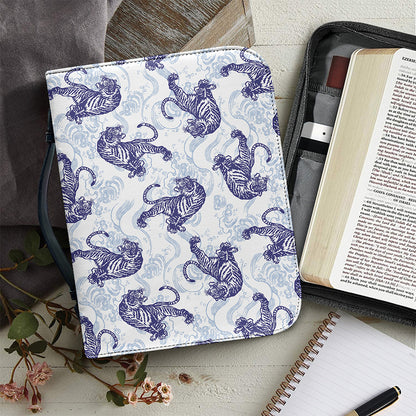 Japanese White Tiger Pattern Print Leather Bible Cover