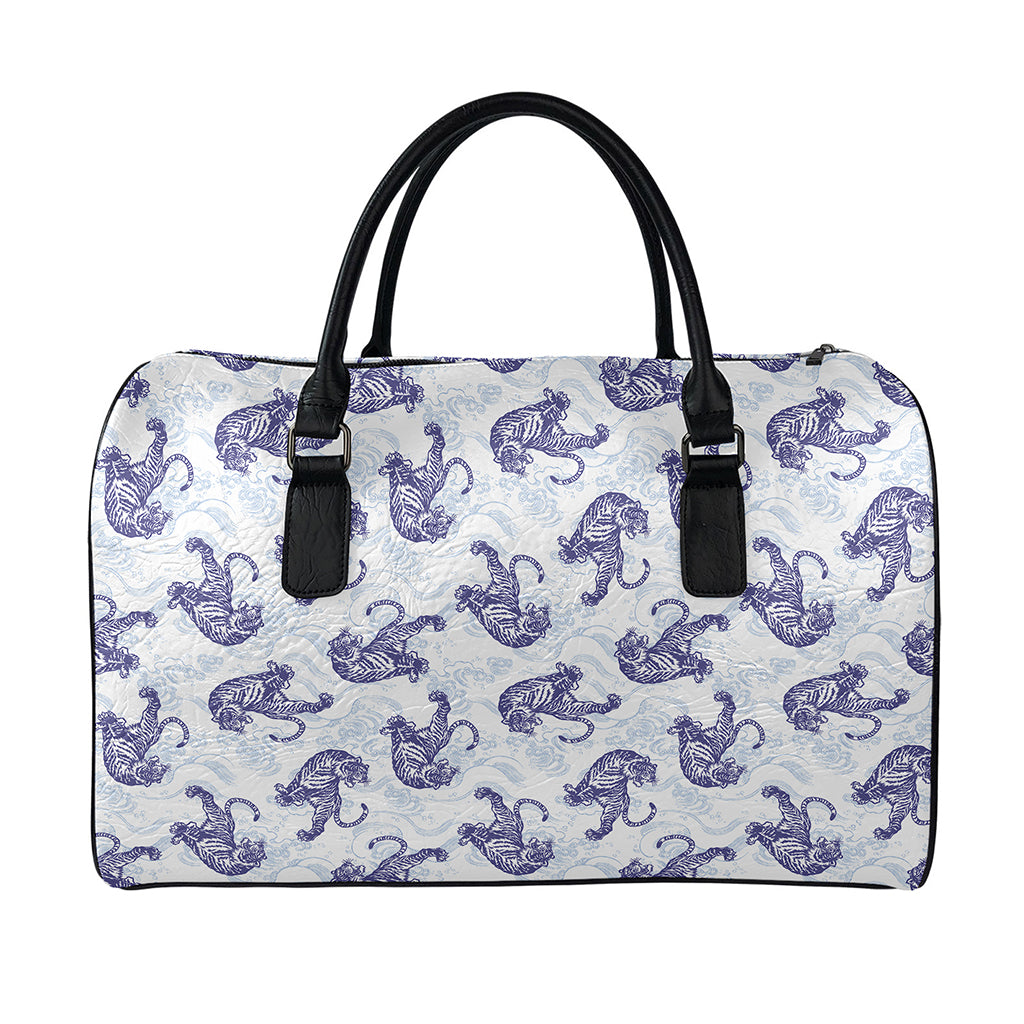 Japanese White Tiger Pattern Print Leather Duffle Bag