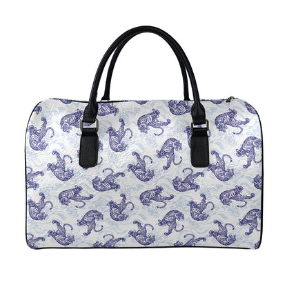 Japanese White Tiger Pattern Print Leather Duffle Bag