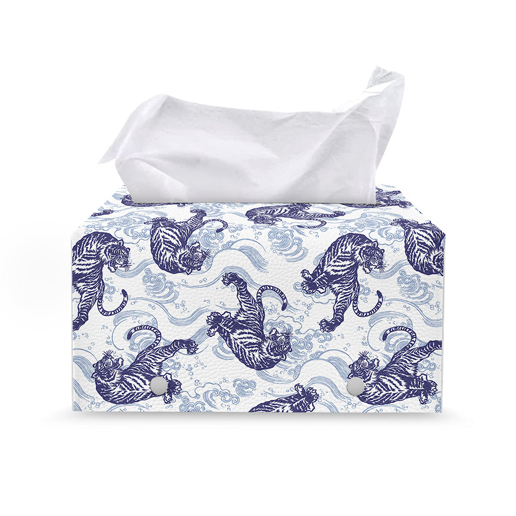 Japanese White Tiger Pattern Print Leather Tissue Box Cover
