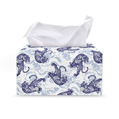 Japanese White Tiger Pattern Print Leather Tissue Box Cover