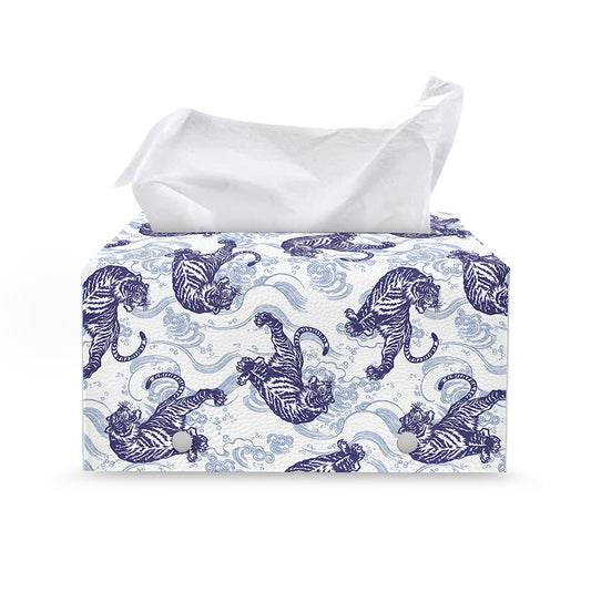 Japanese White Tiger Pattern Print Leather Tissue Box Cover