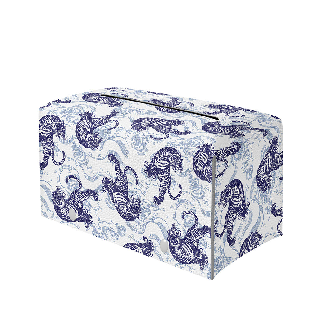 Japanese White Tiger Pattern Print Leather Tissue Box Cover
