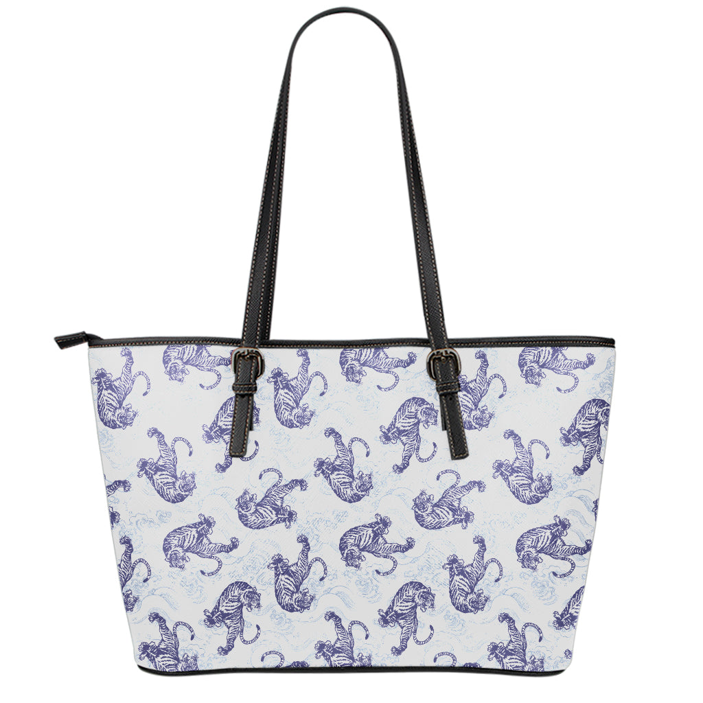 Japanese White Tiger Pattern Print Leather Tote Bag