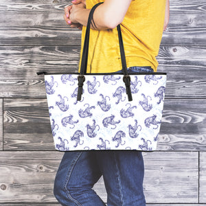 Japanese White Tiger Pattern Print Leather Tote Bag