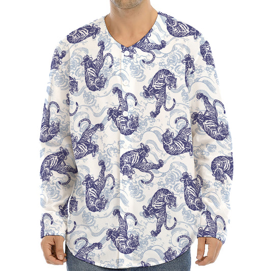 Japanese White Tiger Pattern Print Long Sleeve Baseball Jersey