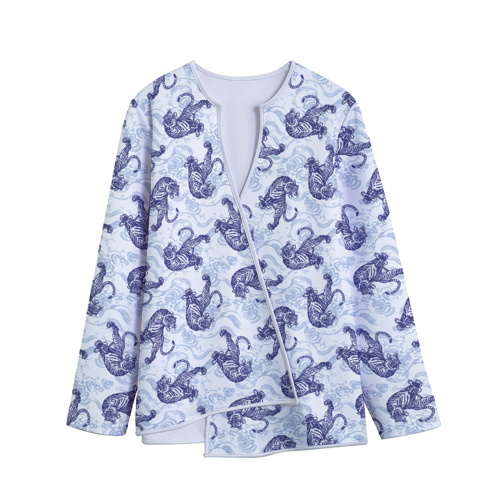 Japanese White Tiger Pattern Print Long Sleeve Short Coat