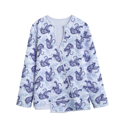 Japanese White Tiger Pattern Print Long Sleeve Short Coat