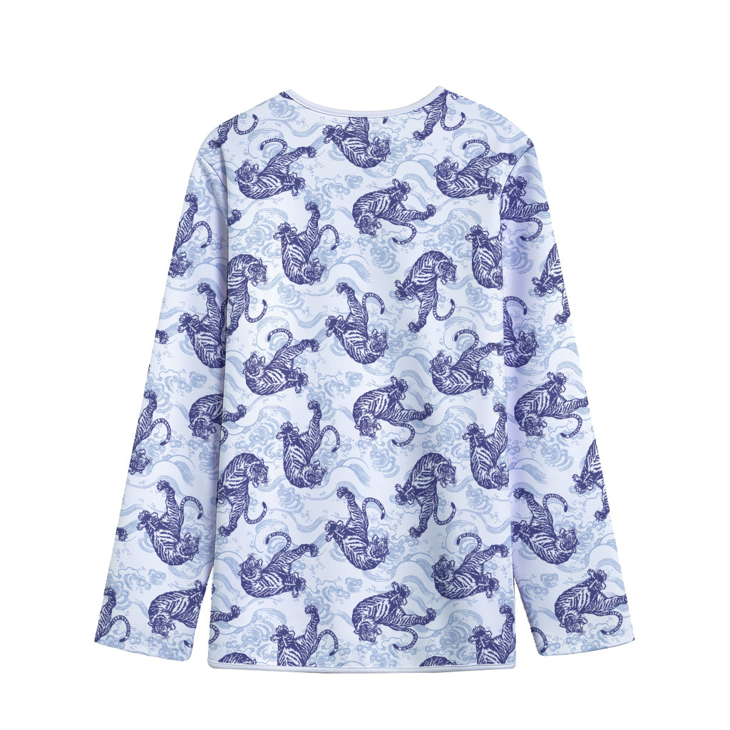 Japanese White Tiger Pattern Print Long Sleeve Short Coat