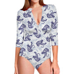 Japanese White Tiger Pattern Print Long Sleeve Swimsuit