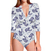 Japanese White Tiger Pattern Print Long Sleeve Swimsuit