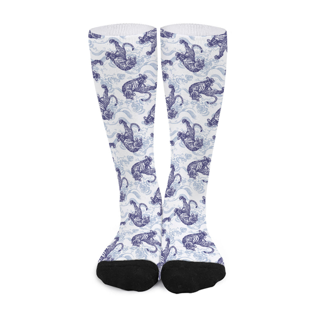 Japanese White Tiger Pattern Print Long Socks