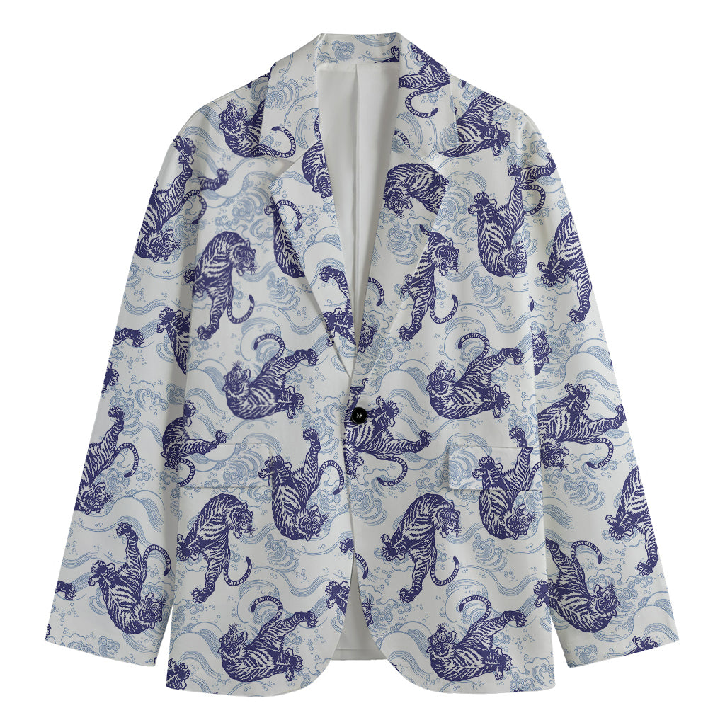 Japanese White Tiger Pattern Print Men's Blazer