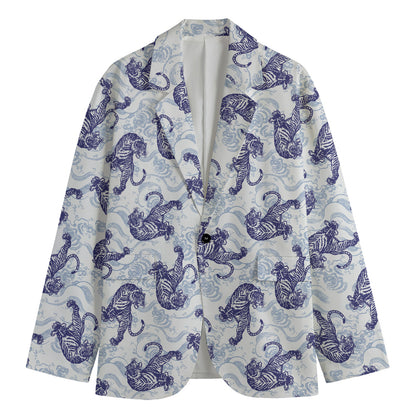 Japanese White Tiger Pattern Print Men's Blazer