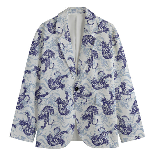 Japanese White Tiger Pattern Print Men's Blazer