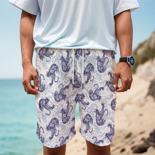 Japanese White Tiger Pattern Print Men's Cargo Shorts