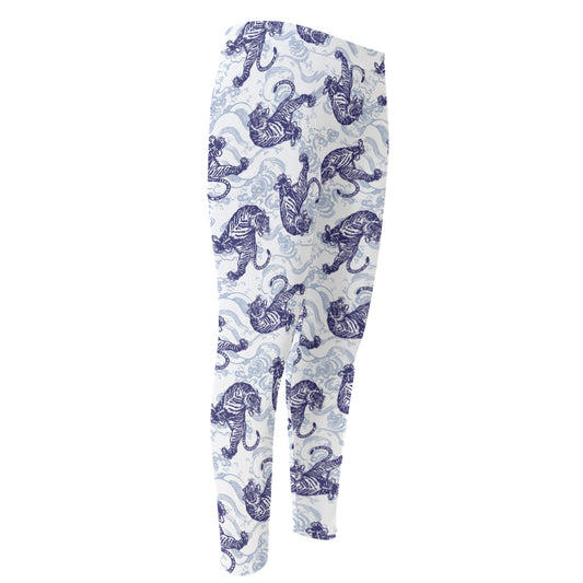 Japanese White Tiger Pattern Print Men's Compression Pants