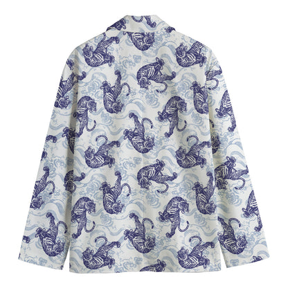 Japanese White Tiger Pattern Print Men's Cotton Blazer