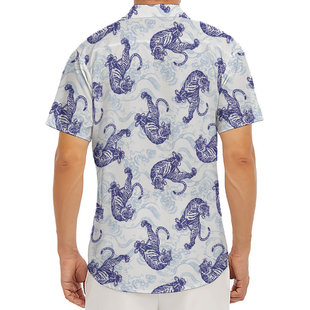 Japanese White Tiger Pattern Print Men's Deep V-Neck Shirt