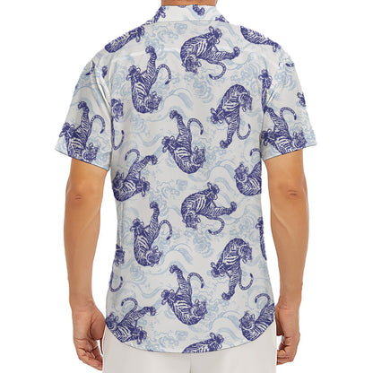 Japanese White Tiger Pattern Print Men's Deep V-Neck Shirt