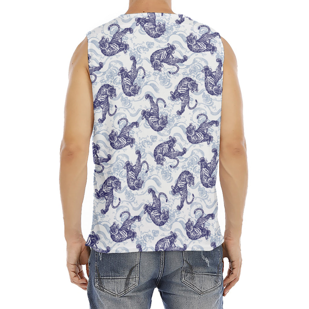 Japanese White Tiger Pattern Print Men's Fitness Tank Top