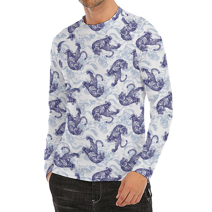 Japanese White Tiger Pattern Print Men's Long Sleeve Rash Guard
