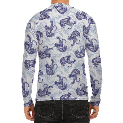 Japanese White Tiger Pattern Print Men's Long Sleeve Rash Guard