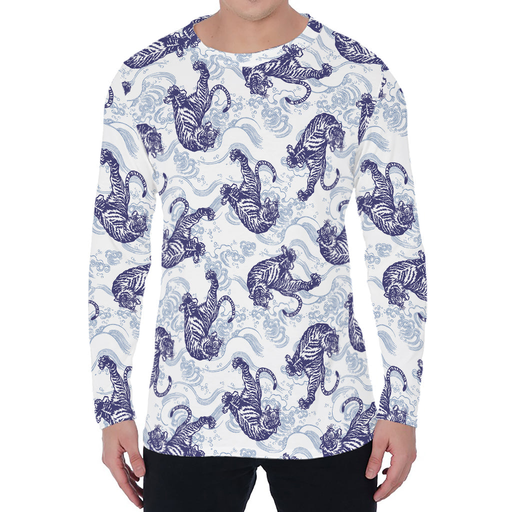 Japanese White Tiger Pattern Print Men's Long Sleeve T-Shirt